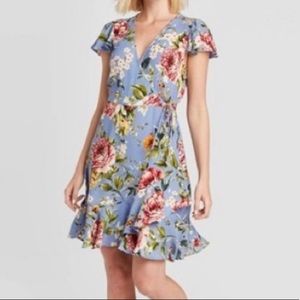 Xhiliration Floral Minidress, Wrap-around, Blue with Flowers, XXL